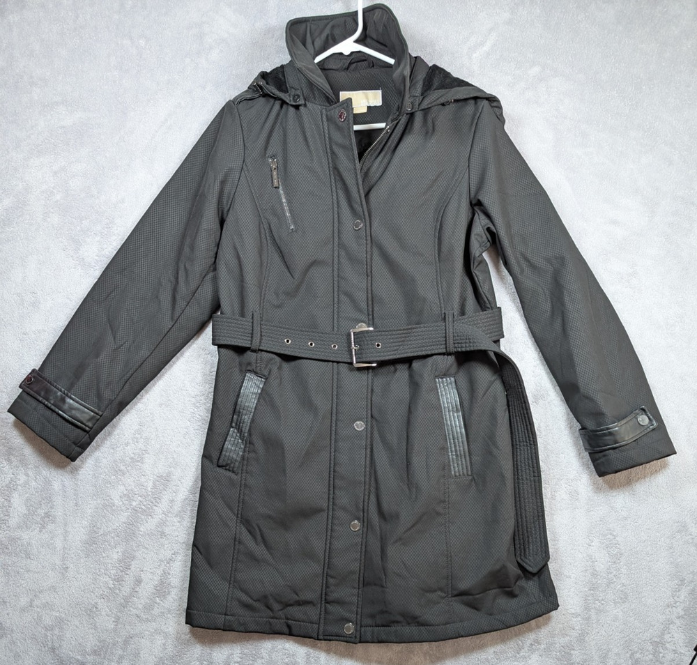 Michael Kors Trench Coat Womens Large Black Belted Plush Lined Designer
